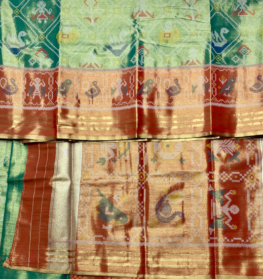 Pochampalli Tissue Silk Saree Golden Green Colour with Golden Orange Border