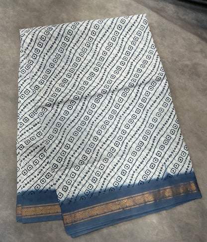 Chettinad Sungudi Cotton White Colour with Greyish Blue Colour Border