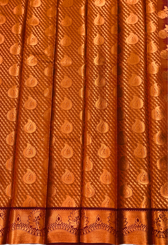 Chocolate Brown shade Soft kanchi pattu with Mango design.