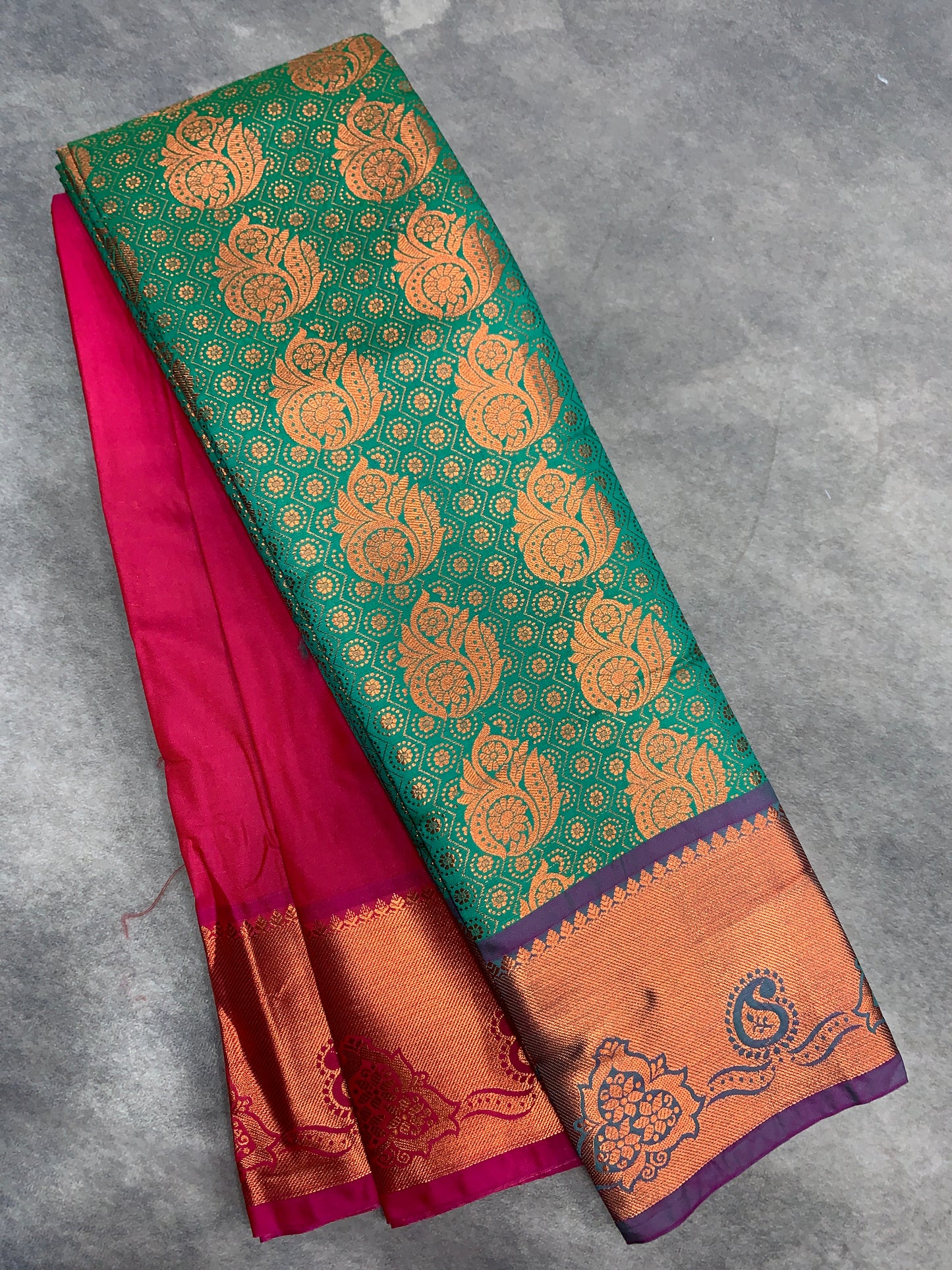 Vegan Silk Saree Light Green Colour with Magenta and Copper Border