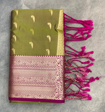 Art Silk Saree Olive Green Colour with Pink Colour Border