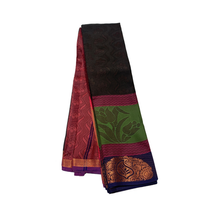 Dark Brown shade saree with Green and Navy Blue Border