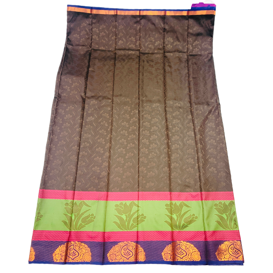 Dark Brown shade saree with Green and Navy Blue Border