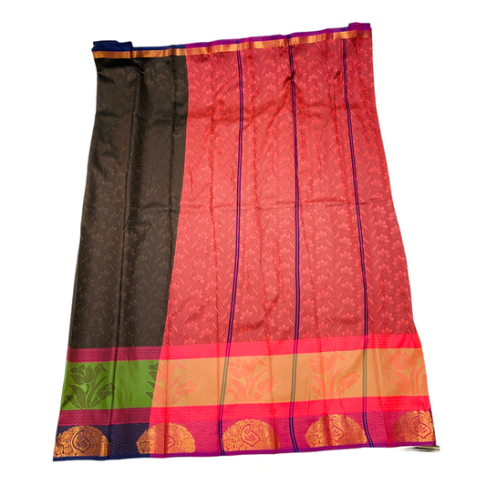 Dark Brown shade saree with Green and Navy Blue Border