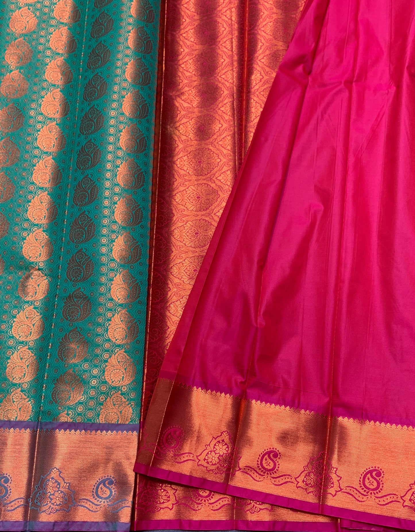 Vegan Silk Saree Light Green Colour with Magenta and Copper Border