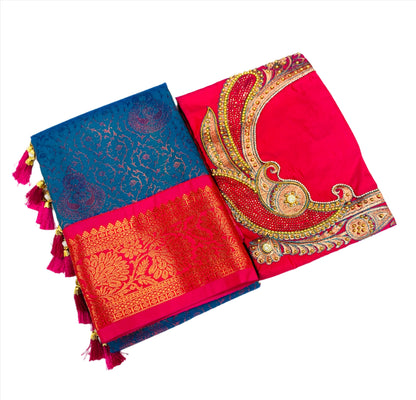 Bridal Vegan Silk Saree Blue shade with Pink Border with Unstitched blouse in Aari work