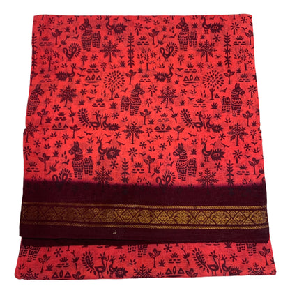 Chettinad Sungudi Cotton Tomato Red Colour with Brown Border