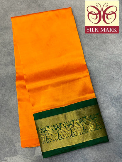 Mango Yellow Shade Pure Kanchipuram Kids Pattu Pavadai with Contrast Border for age 2 to 5