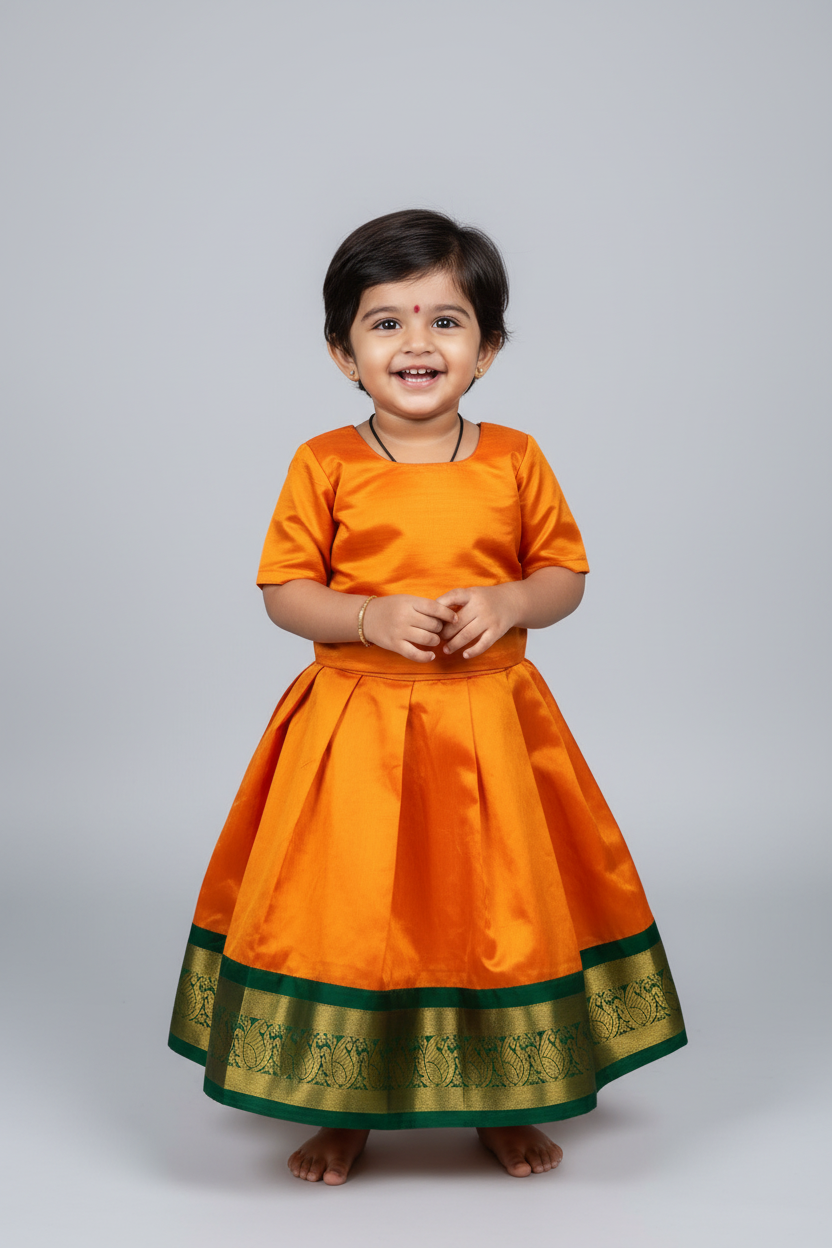 Mango Yellow Shade Pure Kanchipuram Kids Pattu Pavadai with Contrast Border for age 2 to 5