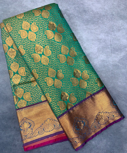 Vegan Silk Saree Green Colour with Copper and Magenta Border