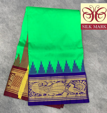 6 Mulam Silk Pooja Towel Light Green Colour with Ganga Jamuna Korvai Border