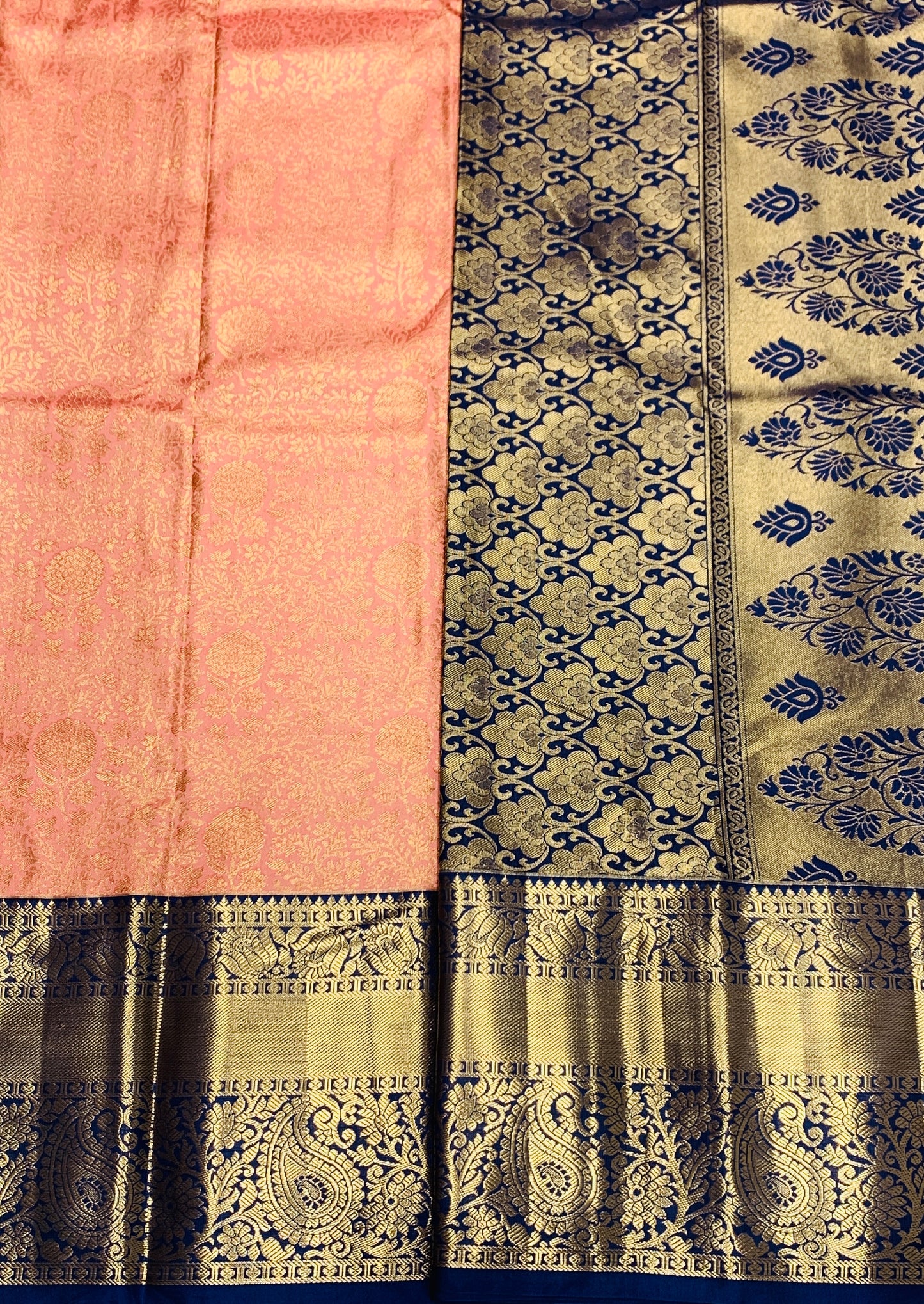 Peach Colour Semi Silk Saree with Big Blue Border