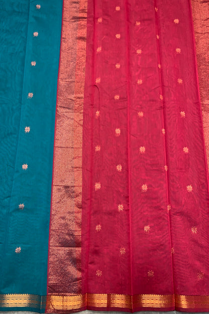 Peacock Green Colour Silk Cotton Saree with Copper Zari Border