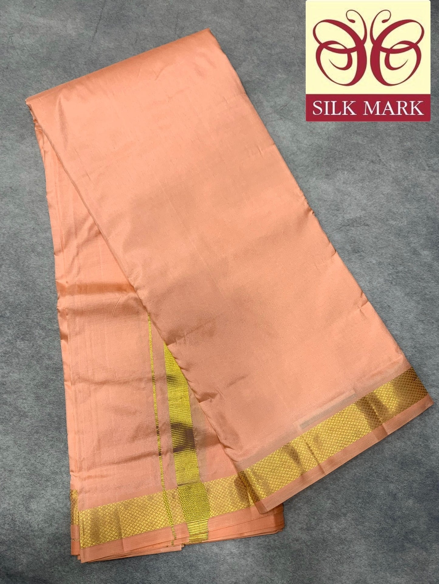 9X5 Pure Silk Dhoti Peach with Golden Zari Border