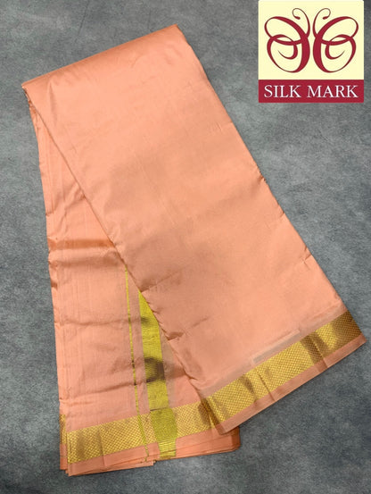 9X5 Pure Silk Dhoti Peach with Golden Zari Border