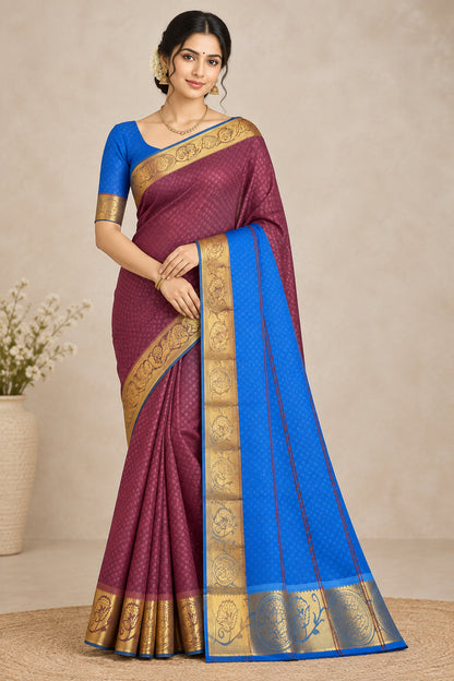 Synthetic Cotton Saree Maroon Colour with Copper Border