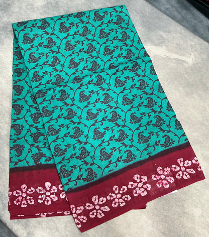 Chettinad Sungudi Cotton Rama Green Colour with Red Colour Border