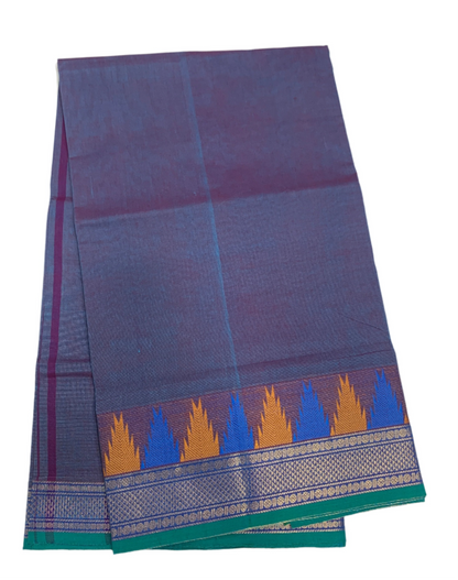 Chettinad Cotton Saree Peacock Blue Shade with Gopuram Design Border