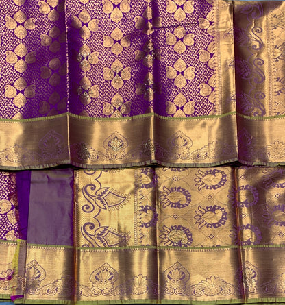Vegan Silk Saree Magenta Colour with Copper and Golden Yellow Border