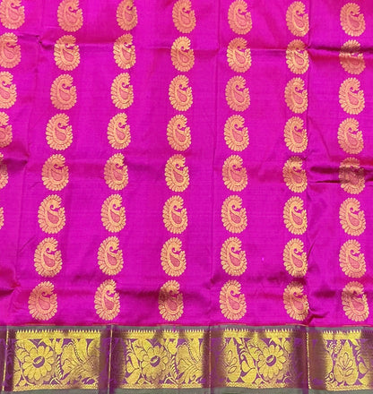 Pink Shade Pure Kanchipuram Kids Pattu Pavadai with Contrast Border for Newborn to 2 Years