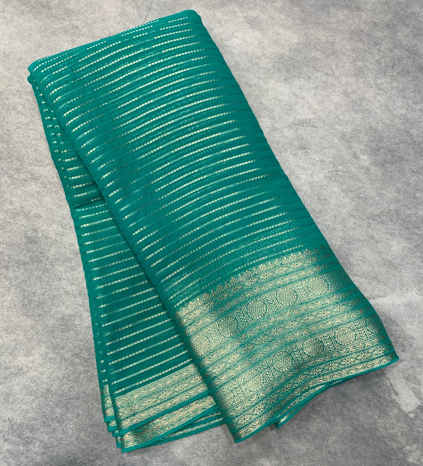 Georgette Saree Rama Green Colour with Sliver Floral Design Border