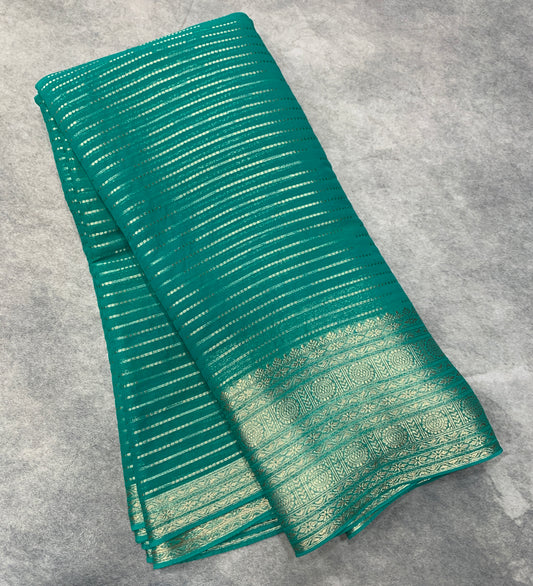 Georgette Saree Rama Green Colour with Sliver Floral Design Border