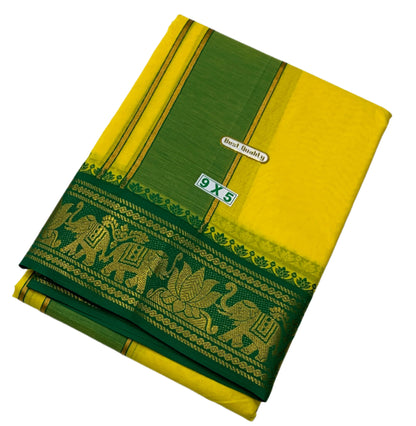 9X5 Cotton Dhoti Yellow Green and Pink Border with Angavastram