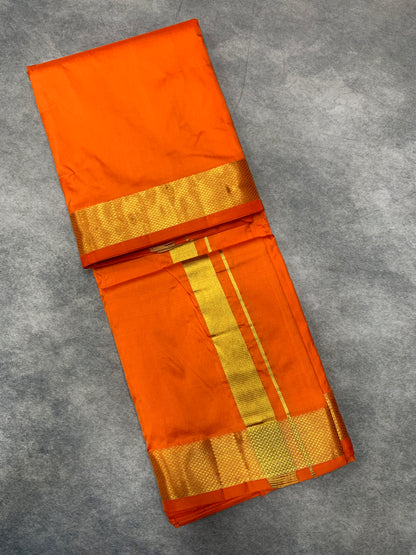 9X5 Pure Silk Dhoti Orange with Large Golden Zari Border