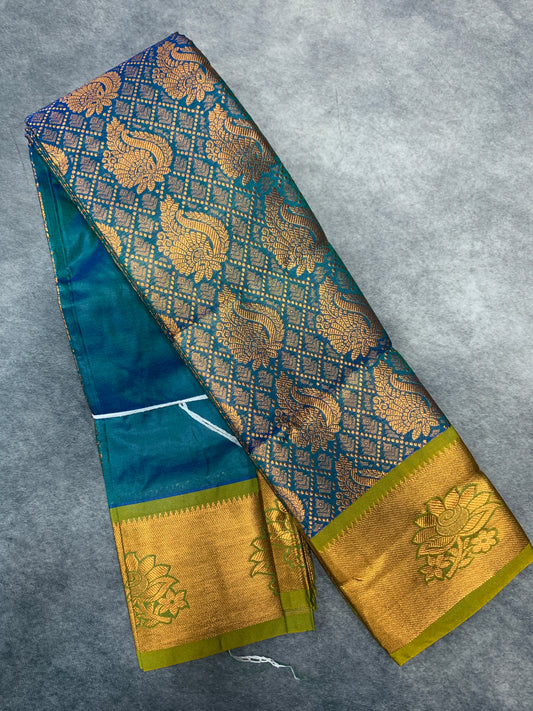Vegan Silk Saree Rama Blue Colour with Copper and Light Green Border