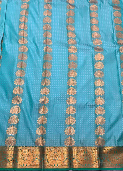 Vegan Silk Saree Sapphire Colour with Light Green and Copper Border