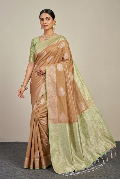 Art Silk Saree Light Brown Colour with Sliver Zari Border