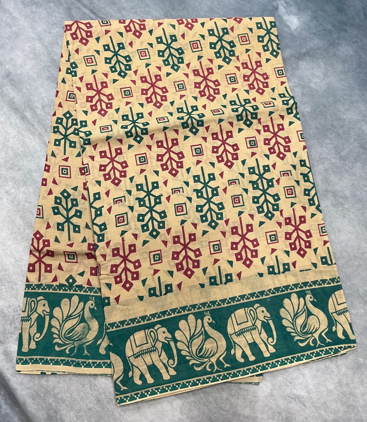 Chettinad Sungudi Cotton Sandal Colour with Rama Green Colour Border