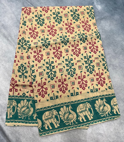 Chettinad Sungudi Cotton Sandal Colour with Rama Green Colour Border