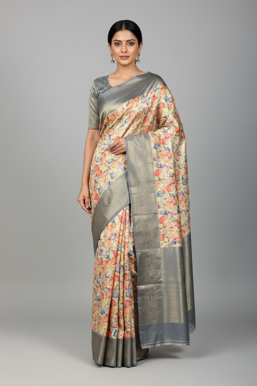 Digital Print Silk Saree Tussar Colour with Leaf Pattern