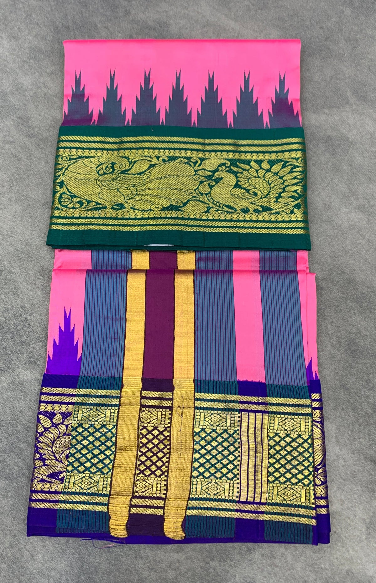 6 Mulam Silk Pooja Towel Peach Pink Colour with Ganga Jamuna Korvai Border