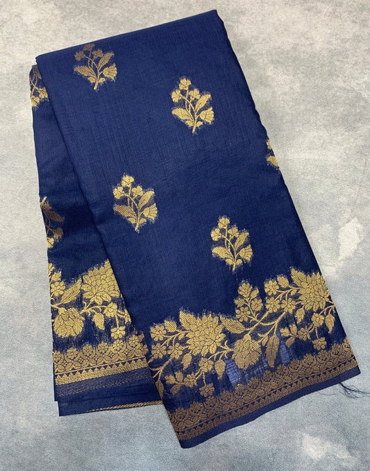 Kora Silk Saree Navy Blue Colour with Flower Design Border