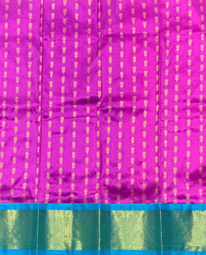Magenta Shade Pure Kanchipuram Kids Pattu Pavadai with Contrast Border for Newborn to 2 Years