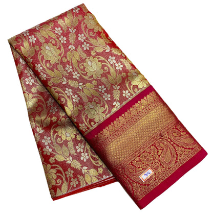 Redish Gold Shade Vegan Silk Kids Pattu Pavadai with Contrast Border for age 2 to 5