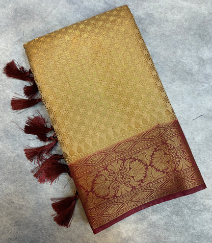 Crepe Saree Sandal Colour with Maroon Border