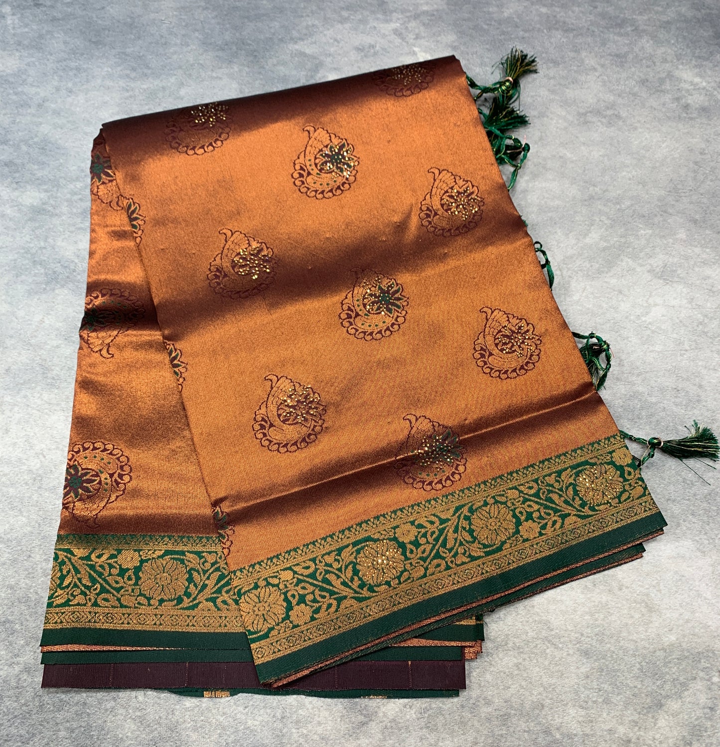 Art Silk Saree Maroon Colour and Stone Work with Green Border