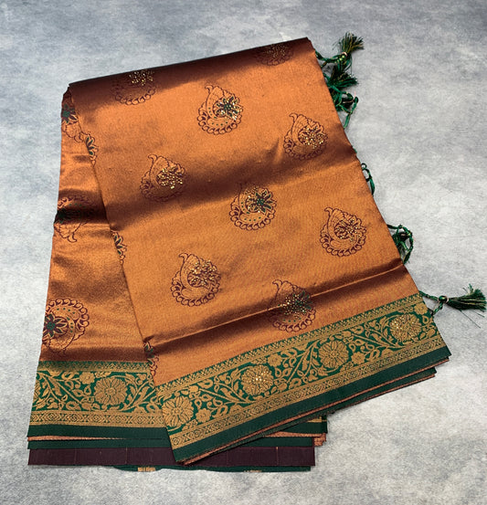 Art Silk Saree Maroon Colour and Stone Work with Green Border