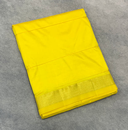 9X5 Pure Silk Dhoti Lemon Yellow with Small Golden Zari Border