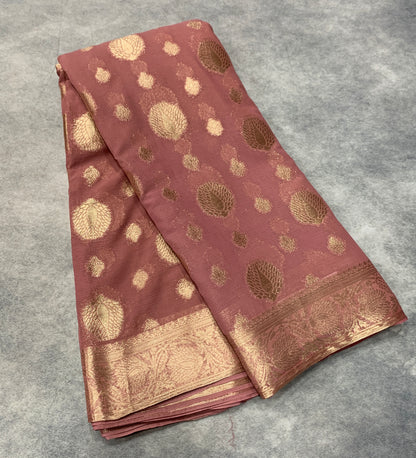 Georgette Saree Onion Pink Colour with Sliver Floral Design Border