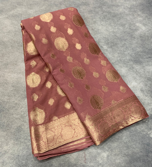 Georgette Saree Onion Pink Colour with Sliver Floral Design Border