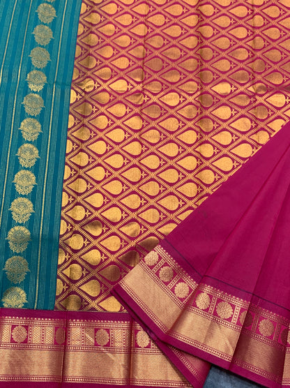 Vegan Silk Saree Teal Green Colour Saree with Pink Colour Contrast Border
