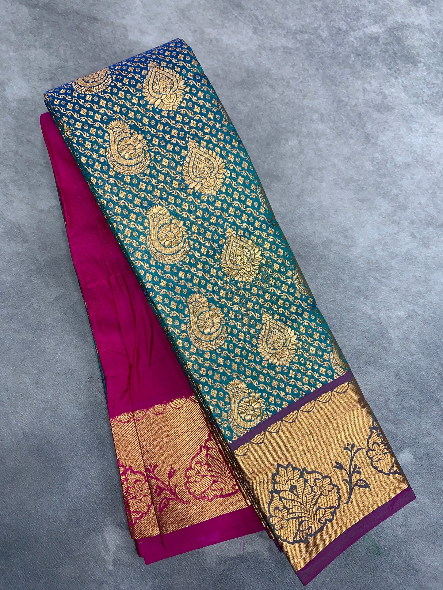 Vegan Silk Saree Peacock Green Colour with Pink and Copper Border