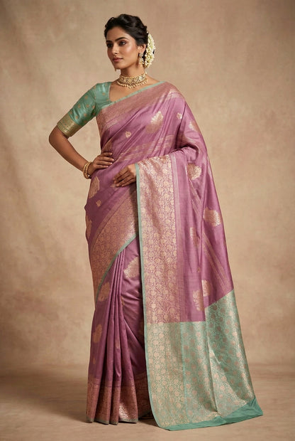 Art Silk Saree Onion Pink Colour with Sliver Zari Border