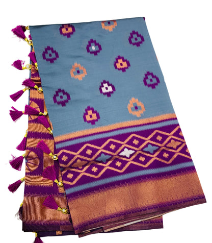 Pochampalli Semi Silk Saree Gray Colour with Magenta Border