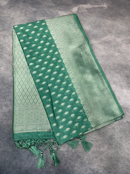 Soft Silk Casual Saree Olive Green Colour with Sliver Colour Border