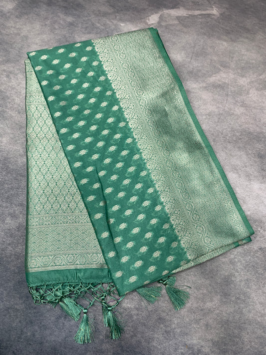 Soft Silk Casual Saree Olive Green Colour with Sliver Colour Border
